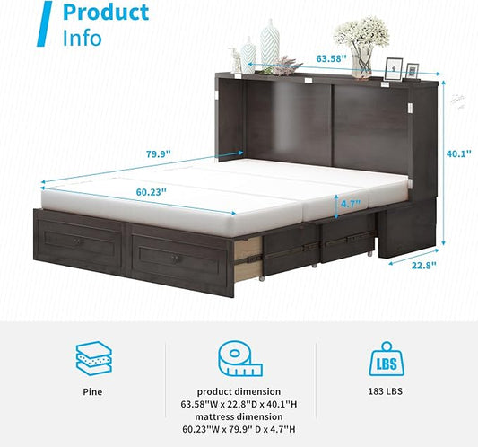 Mjkone Murphy Bed Cabinet, Queen Cabinet Wall Beds with Tri-Folding Mattress &USB Charging Station, Cabinets Beds w Storage Drawers for Guest Bedroom Apartment Home Office, Dark Grey