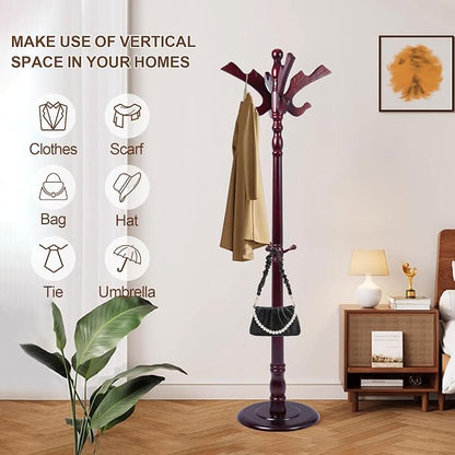 Wooden Coat Rack Freestanding with 11 Hooks, Adjustable Height Coat Tree Free Standing Heavy Duty for Entryway, Easy Assembly Solid Wood Sturdy Coat Hats Hanger Stand for Office Hallway Bedroom