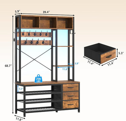 39.4'' Hall Tree with Bench and Shoe Storage, Entryway Bench with Coat Rack, 25-in-1 Tall Hall Tree with Led Lights (Rustic)