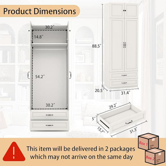 Armoire Wardrobe Closet with Drawers: Bedroom Armoires with Hanging Rod, Wooden Closet Cabinet for Hanging Clothes, Tall Wardrobes Closets with Doors and Shelves (White, 32")