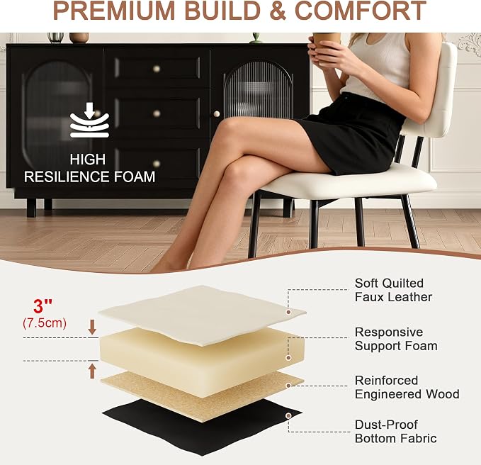 VECELO Dining Chairs Set of 4, Modern Upholstered Kitchen Chairs with Faux Leather Cushion Seat & Metal Legs for Kitchen, Living Room, Tufted Backrest Design, Beige