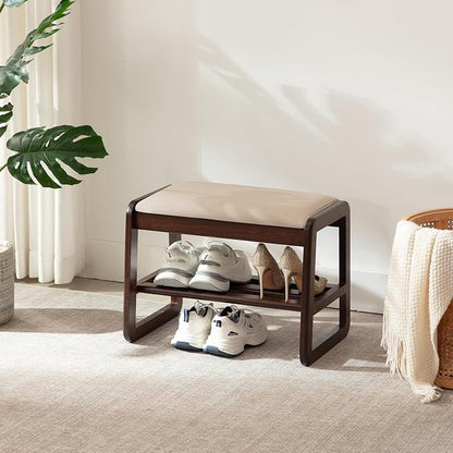 Achicsofar Small Shoe Rack Bench,2 Tier Solid Wooden Entryway Bench with Shoe Storage, Shoe Rack with Cushion for Living Room, Hallway(Pu Beige, 21.6")