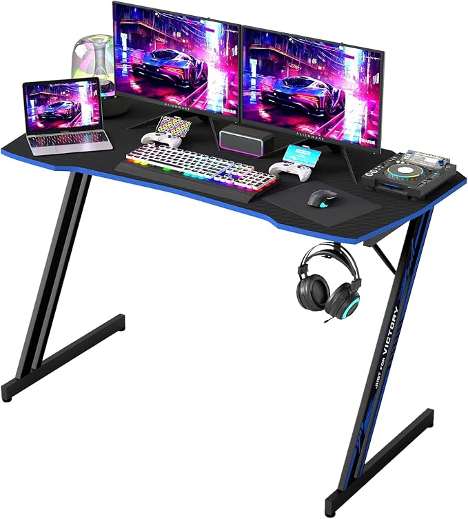 BestOffice Gaming Desk Z Shaped 47 inch PC Computer Desk Computer Workstation Ergonomic Gaming Table with Headphone Hook for Game Players, Black&Blue