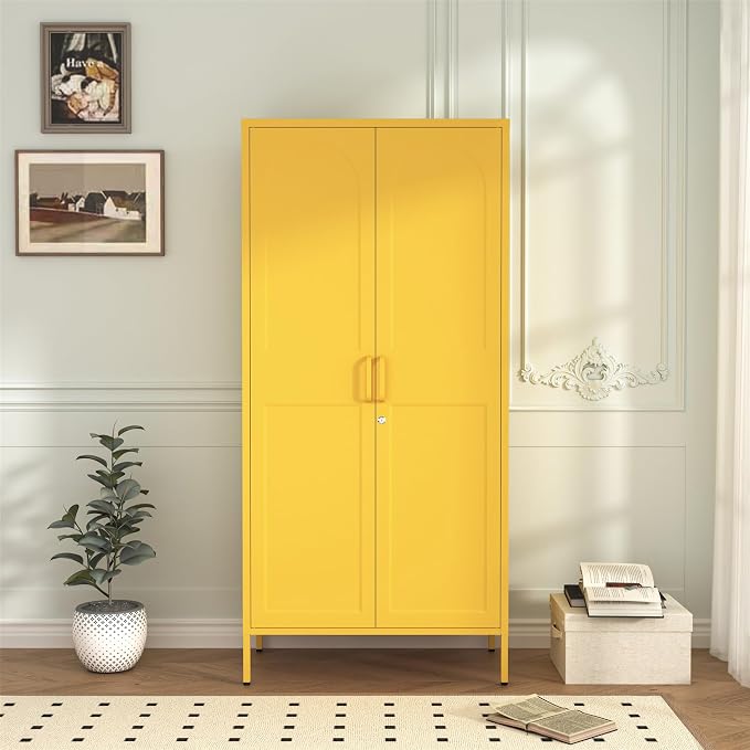 Lockable Closet Metal Wardrobe 67" Yellow 2 Door Wardrobe Bedroom Storage Cabinet Adjustable shelf Multi functional metal Storage Cabinet with hanging rail for domestic use 18.1" D x 31.5" W x 67" H