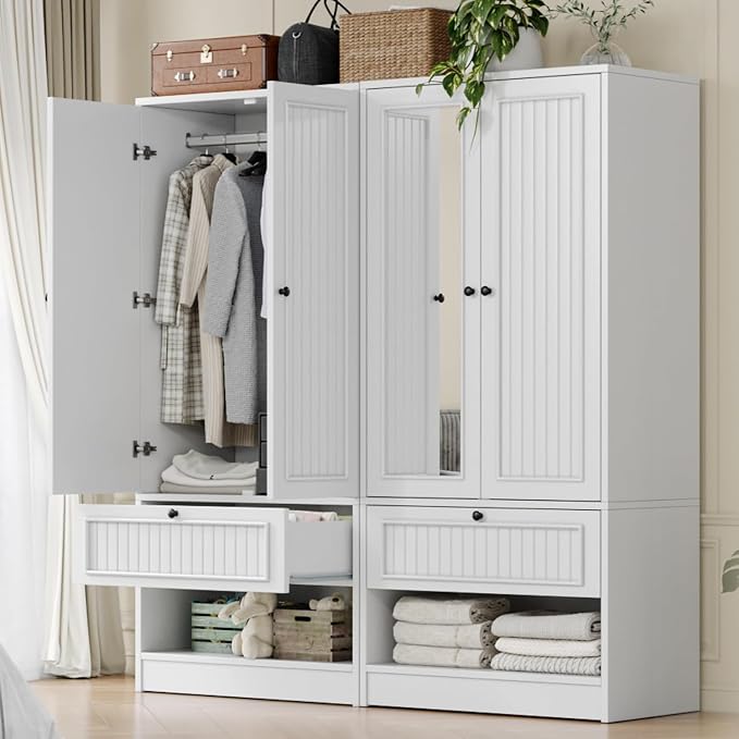 iPormis Wood Armoire Wardrobe Closet with Mirror Door and Drawer, 2 Doors Bedroom Storage Cabinet for Hanging Clothes, White