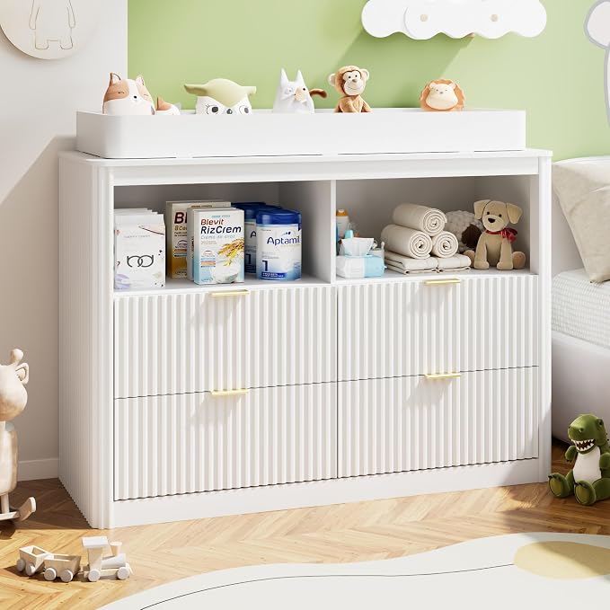 Nursery Dresser, 4 Large Drawers Wood Baby Changing Dresser with Raised and Detachable Changing Table Top, Fluted Chest with Gold Handles, Baby Storage Organizer for Kids Bedroom, Nursery Room, White