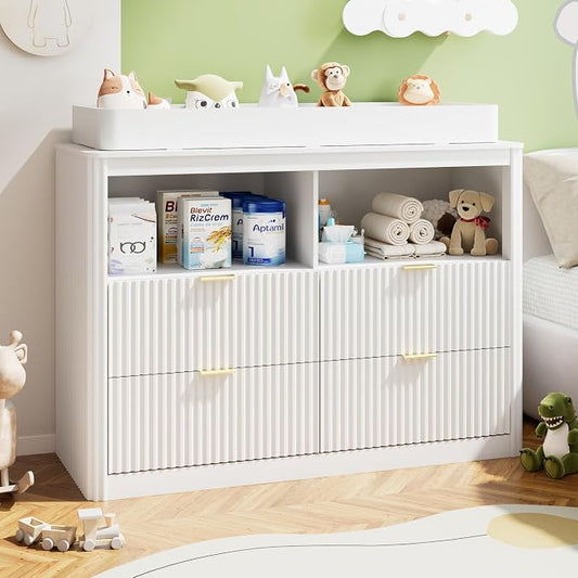 Nursery Dresser, 4 Large Drawers Wood Baby Changing Dresser with Raised and Detachable Changing Table Top, Fluted Chest with Gold Handles, Baby Storage Organizer for Kids Bedroom, Nursery Room, White