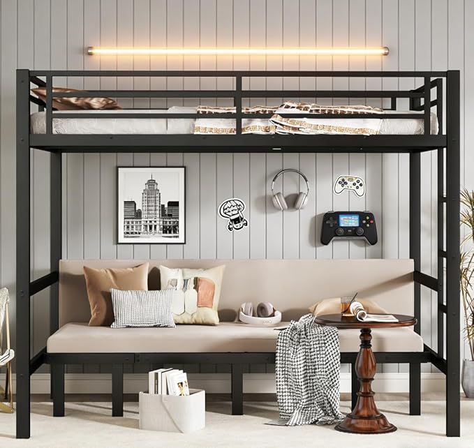 Bellemave Full Over Full Futon bunk Bed, Lower bunk can be Pulled Out in Three Sections, Loft Bed with Sofa for Teens, Adults, Bedroom, Black(Excluding Cushions and mattresses)