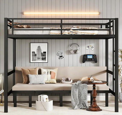 Bellemave Full Over Full Futon bunk Bed, Lower bunk can be Pulled Out in Three Sections, Loft Bed with Sofa for Teens, Adults, Bedroom, Black(Excluding Cushions and mattresses)