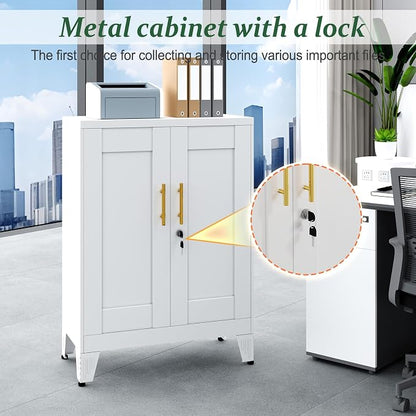White Metal Storage Cabinet, 36" Tall Locking Storage Cabinet, 12”D | with 2 Adjustable Shelves, Steel Locker Organizer, Metal Freestanding Buffet Cupboards Sideboard for Office, Home, School,2PS