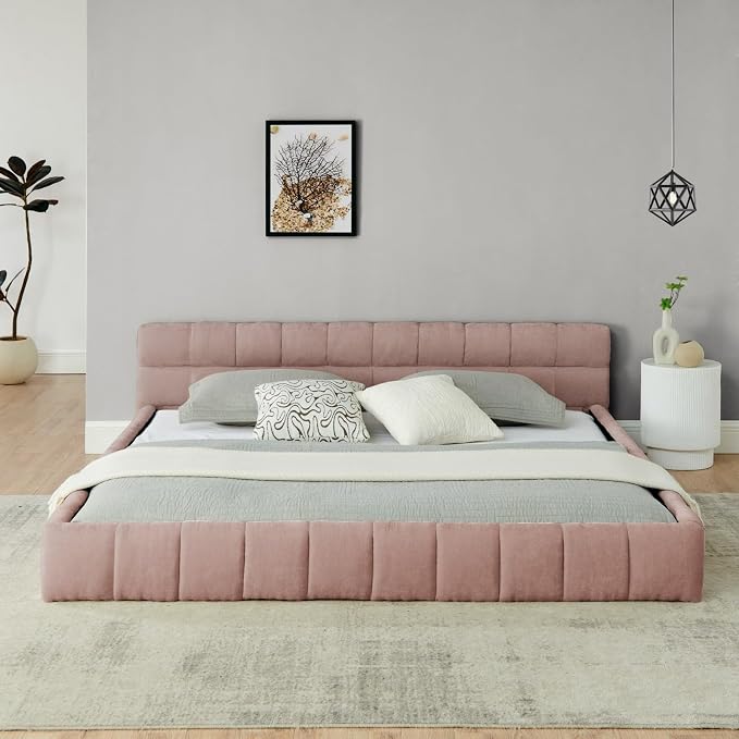 KEIKI King Thick Chenille Platform Bed Frame with Upholstered Tufted Headboard, Modern Solid Wood Floor Platform for Bedroom, No Box Spring Needed