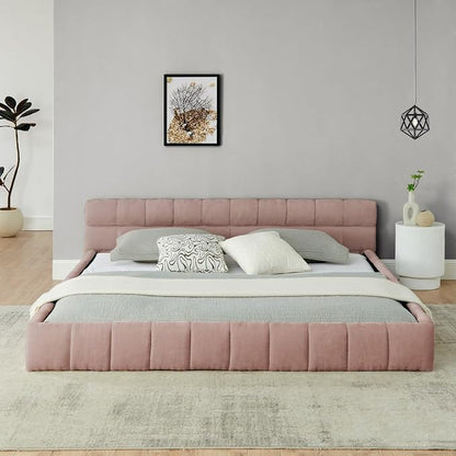 KEIKI King Thick Chenille Platform Bed Frame with Upholstered Tufted Headboard, Modern Solid Wood Floor Platform for Bedroom, No Box Spring Needed