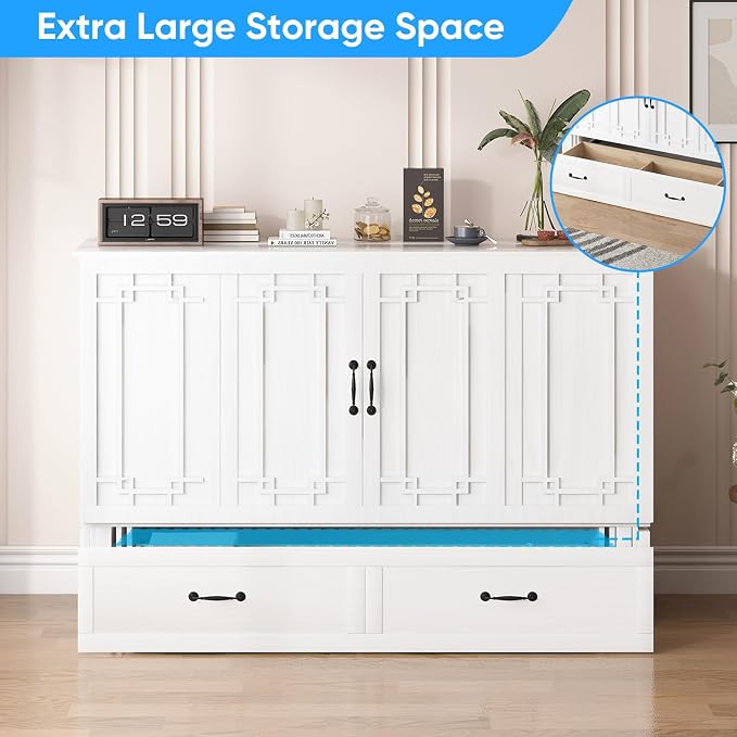 PUREMIND Queen Murphy Bed, Solid Wood Multi-Functional Cabinet Bed with Storage Drawer, USB Charging Ports and Folding Tray, Space Saving Hideaway Murphy Beds Cabinet for Guest Room, No Mattress
