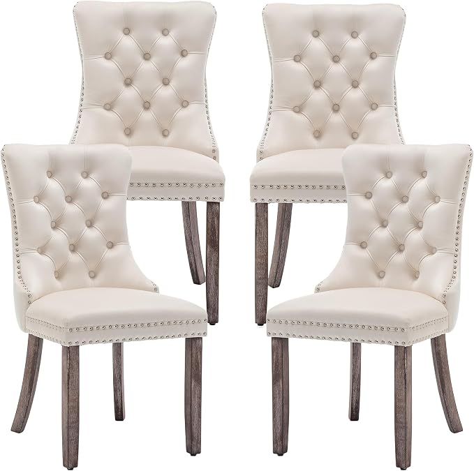 Mid Century Modern Dining Chair Set of 4 Velvet Upholstered Dining Accent Chair Farmhouse Dining Chairs with High Back and Nailhead Trim for Kitchen, Living Room, Bedroom (Beige)