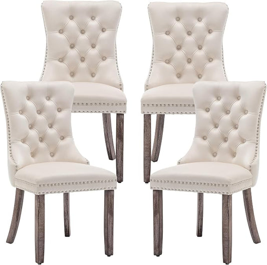 Mid Century Modern Dining Chair Set of 4 Velvet Upholstered Dining Accent Chair Farmhouse Dining Chairs with High Back and Nailhead Trim for Kitchen, Living Room, Bedroom (Beige)
