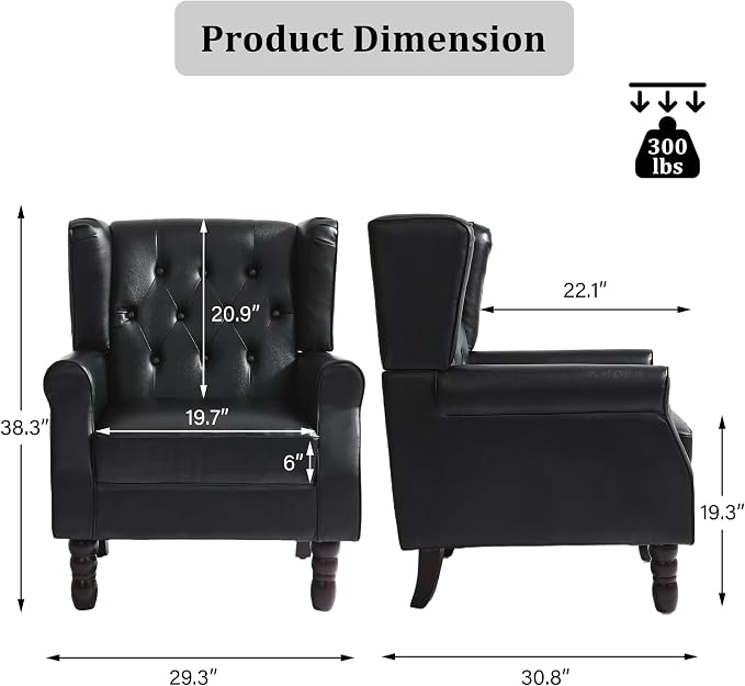 High Back Accent Chairs Set of 2, Faux Leather Wingback Chair for Living Room, Button-Tufted Upholstered Armchair with Solid Wood Legs, Comfy Single Sofa Reading Chair for Bedroom, Black