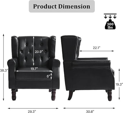 High Back Accent Chairs Set of 2, Faux Leather Wingback Chair for Living Room, Button-Tufted Upholstered Armchair with Solid Wood Legs, Comfy Single Sofa Reading Chair for Bedroom, Black