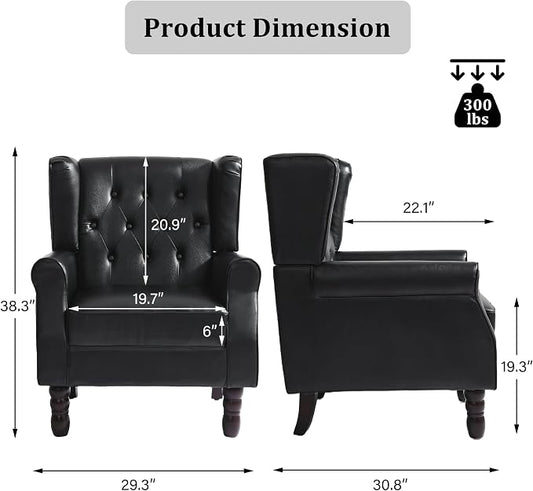 High Back Accent Chairs Set of 2, Faux Leather Wingback Chair for Living Room, Button-Tufted Upholstered Armchair with Solid Wood Legs, Comfy Single Sofa Reading Chair for Bedroom, Black