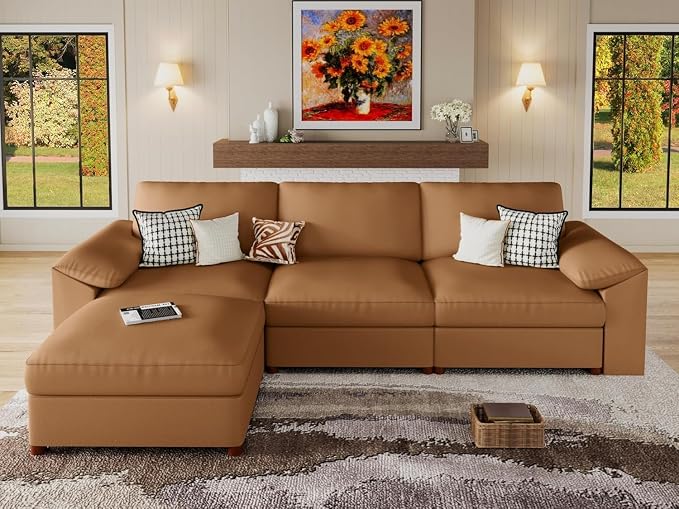 EASE MOOSE Leather Sectional Couch, Oversized Modular Sectional Sofas, Wide Deep Seat Modular Couch, Scratch Resistant Faux Leather Material, L Shaped Sofa for Big Spaces, Brown