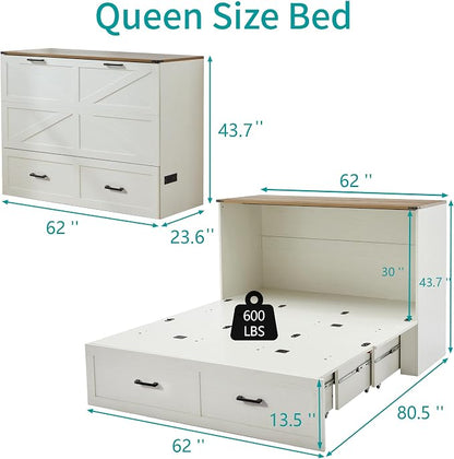Queen Murphy Bed with Charging Station Large Storage Drawer Farmhouse Wood Space Saving Hidden Foldable Cabinet Bed for Bedroom Office School, Rustic White