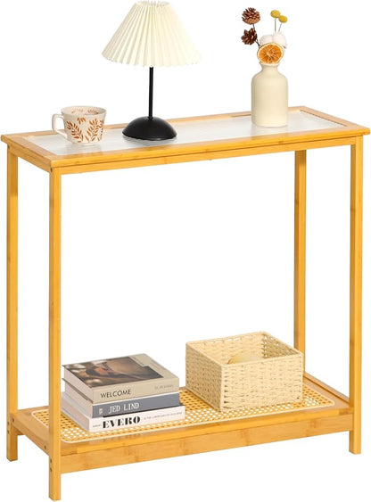 Bamboo Narrow Console Table, 31.5"(L) Wood Small Entryway Table with Rattan and Glass, Accent Slim Hallway Tables, Thin Sofa Side Tables for Hallway, Living Room, Foyer, Burlywood