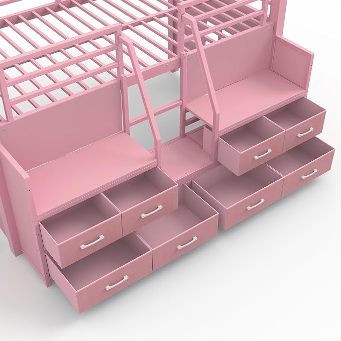 Bellemave Low Loft Bed Twin Size with Storage Shelves & Fabric Drawers, Metal Twin Loft Bed for Kids with LED Lights & Under-Bed Play Area, Low Loft Bed Frame for Bedroom, No Box Spring Needed, Pink
