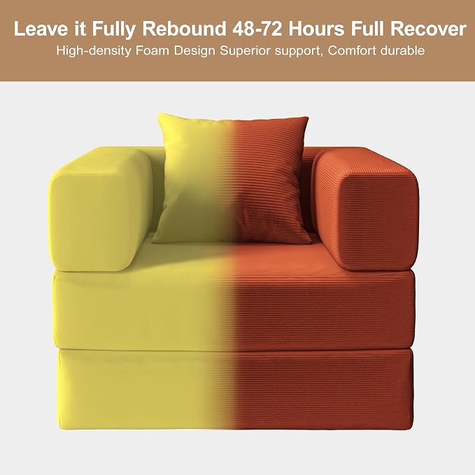 Single Couch Sofa for Small Spaces 2 in 1 Convertible Sofa to Lounger Comfy Bean Bag Chair for Adults with Removable Cover with Pillows for Bedroom, Apartment, Office (Orange, 35.43" Single Sofa)
