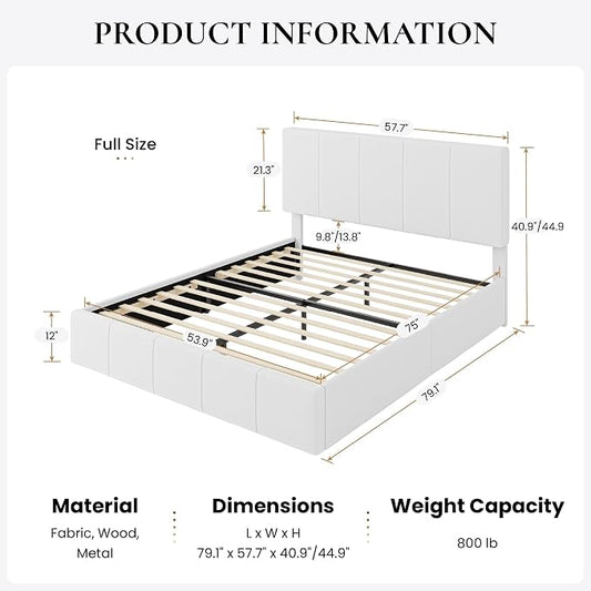 SHA CERLIN Full Size Bed Frame, Velvet Upholstered Platform Bed, Vertical Channel Tufted Adjustable Headboard, Low Profile Bed Frame, No Box Spring Needed, Easy Assembly, White