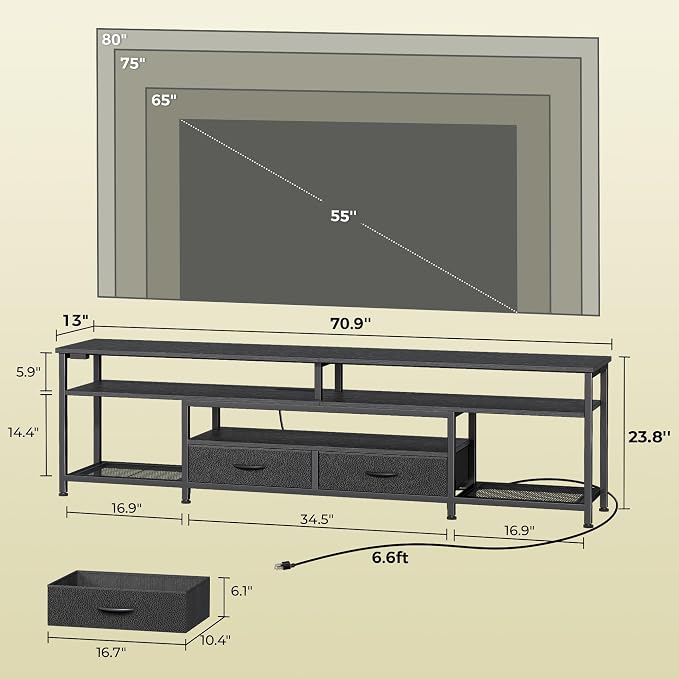 Huuger TV Stand for 75 80 Inch TV, Entertainment Center with Power Outlets and LED Lights, 70.9 Inch TV Console for Living Room, Media Console with Drawers and Shelves, Black
