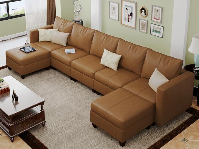 EASE MOOSE Faux Leather Sectional Couch Sofa with Storage,Faux Leather Modualr Sectional Sofa Brown U Shaped Modular Couch
