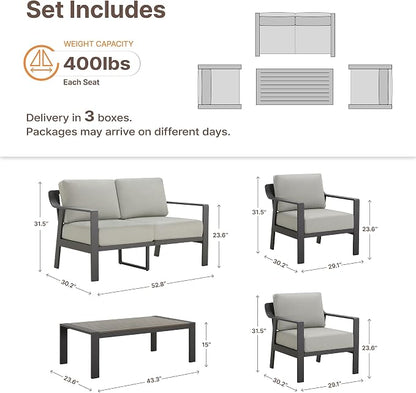 KISLOT Aluminum Outdoor Patio Furniture Set with Coffee Table,4 Seater Patio Conversation Sets with Washable Thick Cushions,Outdoor Sectional Furniture Set for Poolside, Balcony,Gray Aluminum Frame