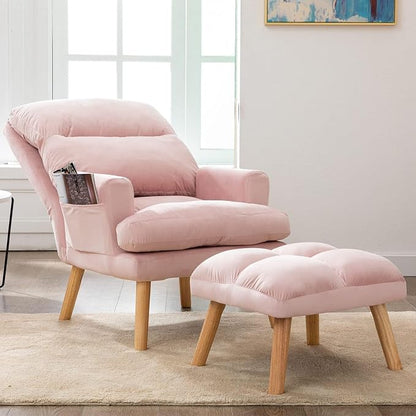 CANMOV Modern Accent Chair with Ottoman Set of 2, Soft Fabric Armchair with Adjustable Backrest and Side Pockets, Comfy Lounge Chair for Living Room, Bedroom, Apartment, Office, Pink