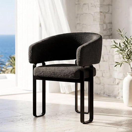 Modern Barrel Dining Chair, Black Boucle Kitchen Chair with U-Shaped Stainless Steel Legs, Armchair with Open Back for Living Room Bedroom Makeup Room