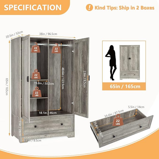 VINGLI Wide Armoire Wardrobe Closet with Hanging Rod, Adjustable Shelves and Drawer, Freestanding Wardrobe Closet with Doors, Bedroom Armoires and Wardrobes, Rustic Grey
