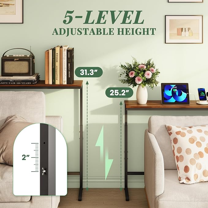 Slim Console Table with Outlet & Height Adjustable, 66'' Behind Sofa Table | Sofa Console Table with 3 AC Outlets & 2 USB Ports, Height(25.2''–31.3'') Slim Sofa Table Behind Couch for Living Room, Brown