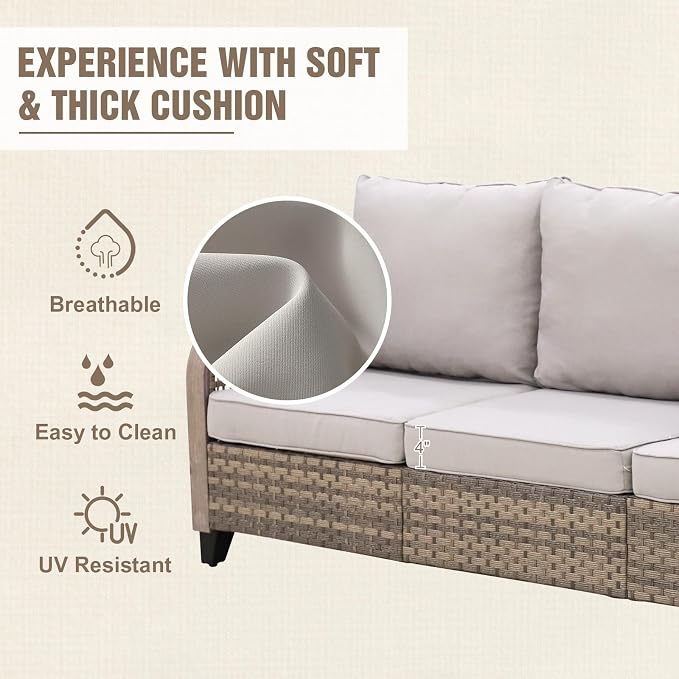 Modern Wicker Patio Sofa, Rattan Outdoor Couch for Small Balcony, 3 Seat Couch Furniture Set for Garden Deck Backyard, Brown/Gray