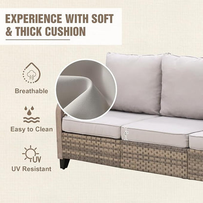 Modern Wicker Patio Sofa, Rattan Outdoor Couch for Small Balcony, 3 Seat Couch Furniture Set for Garden Deck Backyard, Brown/Gray