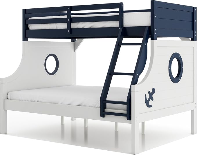 Furniture of America Kirsen Modern Solid Wood Twin Over Full Bunk Bed, No Box Spring Required, Boat Theme, for Kids, Boys, Girls, Bedroom, Dorm, Blue/White, with Trundle