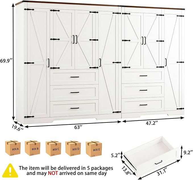 70" Tall Wardrobe Closet with 7 Doors & 6 Drawers, Farmhouse Armoire with Hanging Rod, Wooden Armoire Wardrobe Closet for Bedroom, Freestanding Clothing Storage Cabinet, White