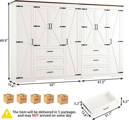 70" Tall Wardrobe Closet with 7 Doors & 6 Drawers, Farmhouse Armoire with Hanging Rod, Wooden Armoire Wardrobe Closet for Bedroom, Freestanding Clothing Storage Cabinet, White