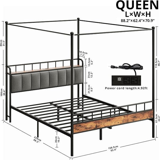 LIKIMIO Canopy Bed Frame Queen, Storage Headboard with Charging Station, Platform Bed with 4 Removable Sturdy Posts, Noise Free, No Box Spring Needed, Vintage Brown