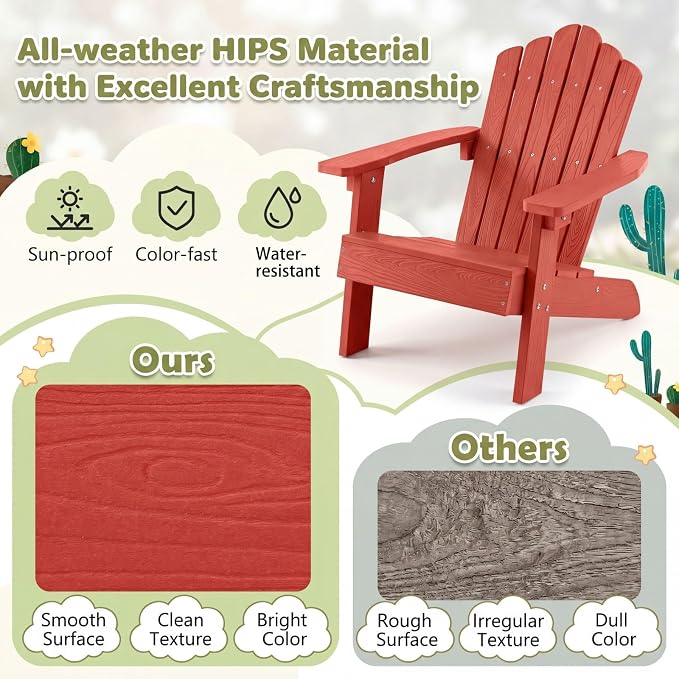 Giantex Kids Adirondack Chair, All-Weather HIPS Children's Outdoor Chair with Tilted High Backrest, Toddler Beach Chair for Garden Patio Backyard, Kids Lawn Chairs for Age 3-7 (4,Red)