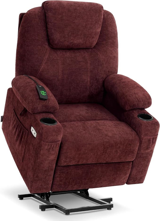 MCombo Power Lift Recliner Chair for Elderly, Lift Chair with Heat and Massage for Tall People, USB&Type C Ports, Extended Footrest, Cup Holders, Fabric 7516(Large,Sangria)