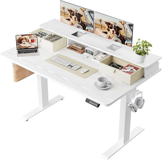 Veken 47x28 in Electric Standing Desk with Drawers, Adjustable Table, White | Stand up Computer Desk for Home Office, Work & Study, with Storage, 3 Memory Presets, Cable Organizer, Hook, and Quiet Lift.
