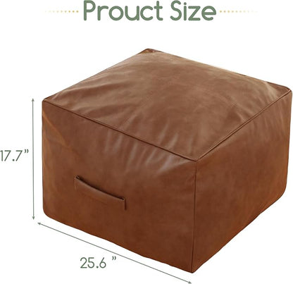HIGOGOGO Square Stuffed Pouf Ottoman, Pu Leather Poufs with Foam Chunk Filling, Furry and Fluffy Pouf Foot Stool Storage Ottoman,26x18 Inches Floor Poufs Foot Rest for Living Room, Brown