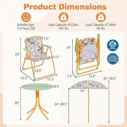 HONEY JOY Kids Picnic Table, Animal Themed Toddler Outdoor Table and Chair Set, 2 Folding Chairs & Removable Umbrella, Children Outdoor Furniture for Backyard Patio Garden (Green Tiger)