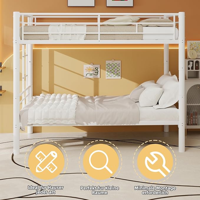 Bunk Bed Twin Over Twin, Metal Bunk Bed with Side Ladder and Safety Guardrail, Space-Saving Twin Bunk Beds for Kids, Teens & Adults, No Box Spring (Side Laddder, White)