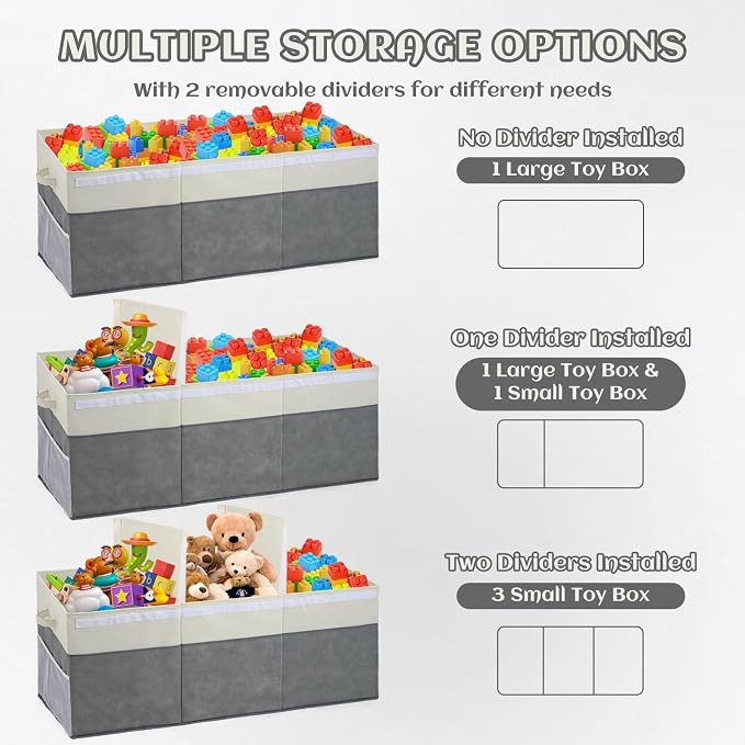 FIIOEOY Extra Large Toy Box with Lids, Collapsible Toy Storage Organizer with Divider for Kids, Sturdy Toy Chest for Bedroom, Nursery, Living Room, Playroom, 40"x14"x16", Gray & White