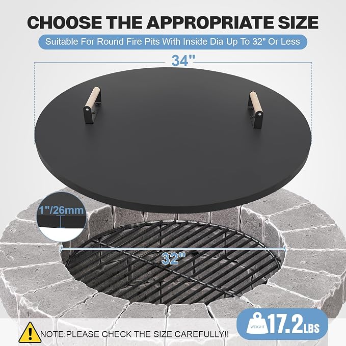 Fire Pit Lid Cover Round - 34" Rust Resistant Powder Coated Steel Firepit Cover or Table with 2 Wooden Handles for Patio Fire Pit, Weatherproof for All Seasons, Fits Fire Pits Up to 32"