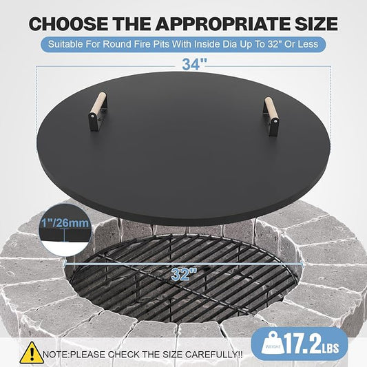 Fire Pit Lid Cover Round - 34" Rust Resistant Powder Coated Steel Firepit Cover or Table with 2 Wooden Handles for Patio Fire Pit, Weatherproof for All Seasons, Fits Fire Pits Up to 32"